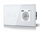 BSEED Interruptor táctil y enchufe pared,Toma de corriente con USB C,Panel de Vidrio con pulsador LED,Sin Función Wifi,2 Gang 1 Vía+1 Enchufe USB/Tipo C,157mm Blanco