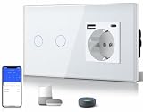 BSEED Interruptor Inteligente WIFI,Interruptores Tactil Con Cristal,Compatible con Alexa,Tuya y Smart Life,Requiere Cable Neutro,2 Gang 1 Vía + 1 Enchufe USB/Tipo C,157mm Blanco