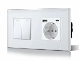 BSEED Interruptor Conmutador 2 Gang 2 Vía Con Enchufe USB/Tipo C,Marco de Cristal,10A Interruptores Pared con Punto Fosforescente,Instalación Horizontal o Vertical,Serie M,157mm Blanco