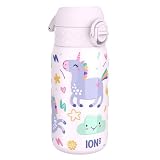 ion8 Botella De Agua Para Niños, Acero Ligera, 400ml/13oz, Unicornios | Sin Aislamiento, Antifugas, Fácil Apertura, Cierre Seguro, Apta Para Lavavajillas, Cabe En Portavasos, Asa, Botella Metálica