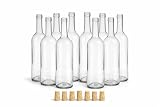 Taninea Botellas Cristal Vacías para Vino 750 ml Blanca/Transparente con Corcho Cónico Natural – Pack 12 – Tipo Bordelesa – Reutilizables para Vino Casero, Licores, Aceites y Vinagres
