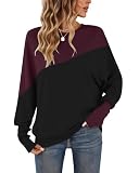 WNEEDU Camiseta de Manga Larga con diseño de Bloques de Color para Mujer | Túnica casual para mujer con cuello redondo mangas con puños en estilo patchwork y diseño tipo suéter Vino tinto negro XL