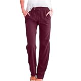LRMQS Pantalones casuales de lino para mujer 2024 con cordón elástico en la cintura y bolsillos, ropa de descanso de moda para vacaciones, Z1_vino, Small