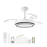 WELLJION Ventilador de Techo con Luz LED Regulable, 3 Aspas Retráctiles Transparentes, Motor DC Silencioso, 6 Velocidades, Mando a Distancia y App, Blanco Mate, 107cm,blanco y negro