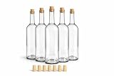 Taninea Botellas Cristal Vacías para Vino 750 ml Blanca/Transparente con Corcho Cónico Natural – Pack 6 – Tipo Bordelesa – Reutilizables para Vino Casero, Licores, Aceites y Vinagres