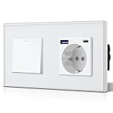 BSEED Interruptor y Enchufe,Enchufes Pared con 20W USB y Tipo C,Carga Rápida,Panel de Vidrio,3 en 1,Fácil Instalación,1 Gang 3 Vía Con 20W Enchufe,157mm Blanco