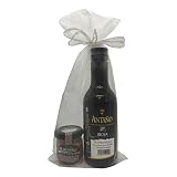 Detalles para bodas, comuniones, bautizos y eventos en general con mini botella de vino Rioja Antaño 18,7 cl y paté ibérico de 30 gr en bolsa de organza.