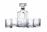 BarCraft Juego de Decantador de Whisky y Vaso de Regalo, Juego de 5 Piezas de Cristal Tallado, Decantador de 900ml con Tapón de Sello de Silicona y 4x Vasos, 26 x 10 x 24cm