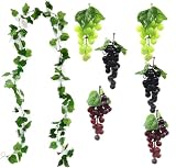 LATRAT - Juego de 7 racimos de uvas artificiales de plástico con hojas de vid, decoración realista de frutas artificiales para oficina, jardín, vino, accesorios de fotos