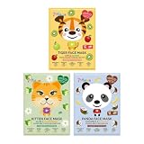 FACE FOOD Paquete de mascarillas con estampado de tigre, gatito y panda para calmar, hidratar y revitalizar la piel seca y cansada, (a partir de 8 años) 3 Unidades (Paquete de 1)