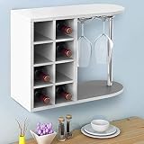 BAKAJI Botellero para Botellas de Vino, licores de Pared o Mesa, Estructura de Madera, Bodega con 2 estantes, 8 Huecos, botellero y Estante Porta Copas de Metal, 42 x 52 x 28 cm (Blanco)