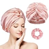 flintronic Capó de Satén de Seda, con Coletero a Juego, Suave y Cómodo Gorro de Seda, Ideal para Dormir o para estar en Casa a Diario, Rosa