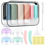 DEPAR Juego de 16 botellas de viaje de silicona, 100 ml, sin BPA, a prueba de fugas, rellenables, vacías, tamaño de viaje, botellas de viaje con etiqueta y cepillo de limpieza, para champú, crema