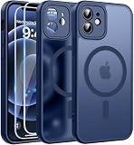 FLLAO Funda para iPhone 12, Compatible MagSafe, con 2 Piezas Protector de Pantalla Cristal Templado, [Protección de Cámara] Magnética Carcasa Translúcida Mate Trasera Fina Antigolpes, Azul Navy
