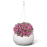 MELTOM Maceta Colgante Ø 32 cm H 20 cm Redonda Blanca Ondas 3D con Inserto | Maceta colgante bola con ondas 3D · colgador metálico con gancho · inserto 5,5 L · sin agujero · 12,8 L · interior y exterior