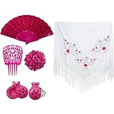 Pack Accesorios Flamenco para Mujer, Mantón con Flores Flamencos Sevillana para Fiesta de Baile, Pinzas de Pelo Tradicional, Abanicos en Diseño Flamenco (Fucsia/Blanco)