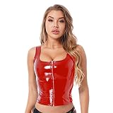 ranrann Mujer Crop Tank Top de Cuero Brillante Chaleco Wet Look Chaleco Top sin Manga Cuello en U Atractiva Camiseta Interior Rojo D XXL
