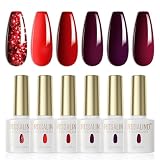 ROSALIND Esmaltes Semipermanentes Para Uñas Rojo 6 Colores Glitter Rojo | Oscuro Rojo Granate Vino Pintauñas Semipermanentes Kit Soak Off UV/LED Gel Uñas DIY Manicura Nail Art Set Valentín 6ml