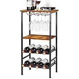 CADUKE Botellero Vino Escalonado Independiente, Mueble Bar con Tablero de Madera y Soporte para Copas y Estantes de Almacenamiento, Expositor Estantería para Cocina, Bar, Marrón Vintage 80x40x30cm