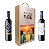 Deliex delicias de Extremadura. Caja con vinos personalizada, 2 vinos de crianza Rioja y Ribera del Duero. Regalos originales para hombres y mujeres. Personalización a todo color.