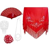 Pack Accesorios Flamenco para Mujer, Mantón con Flores Flamencos Sevillana para Fiesta de Baile, Pinzas de Pelo Tradicional, Abanicos en Diseño Flamenco (Rojo)