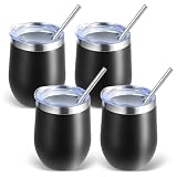 Volhoply Vaso de vino de acero inoxidable de 12 onzas con tapa, paquete a granel de 4 unidades, 350 ml, copas de vino sin tallo al vacío de doble pared, taza de café de viaje de metal con pajita