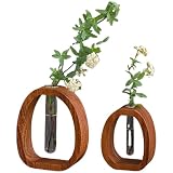 Jarrón de madera de nogal y vidrio, jarrón de vidrio de madera maciza, jarrones de tubo de ensayo para flores, jarrones hidropónicos con marco de madera para decoración de escritorio del hogar