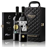 «Encontré el sentido de la vida Es para el otro lado» Mensaje en una Botella. Estuche-Maletín de LUJO 2x Vino Tinto Premium Reserva 12 Meses y Set de 4 Accesorios. Etiqueta Negra PERSONALIZABLE
