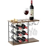 Nuovoware Botelleros Sobremesa, con Capacidad 6 Botellas y 4 Copas, Madera | Soporte para botellas de vino, organizador metálico para la cocina, el bar, la mesa, el armario y la bodega