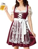 YesPerfect Vestido tirolés para mujer, 3 piezas, estilo tirolés, traje tradicional tirolés, con cordón, blusa tirolesa, vestido tirolés, C-vino tinto, 38