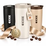 OXXIE Vaso Termo Cafe Para Llevar Pequeño 350ml, Vaso Termico, Aislamiento de Doble Pared, Taza de Cafe de Acero Inoxidable, Taza Termica con Tapa Hermetica, Reutilizable y Antigoteo (Beige)