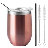 LiangYuanZen Copas de vino de acero inoxidable de 340 ml, con tapa, con una pajita y un cepillo, mantiene el frío y el calor para café, cerveza, champán, leche, cócteles, bebidas, vino, oro rosa.