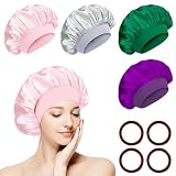 flintronic 4 Piezas Capó de Satén de Seda, Gorro de Seda para Dormir con Banda Ancha Elástica, para Dormir Pelo Rizado Mujeres y Chicas, Rosa + Morado + Verde + Gris
