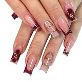 YILZAR 24 Piezas Uñas Postizas Reutilizables, Uñas Largas Forma Ataúd French Tip Vino Tinto, Diseño Flores y Perlas Doradas