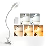 Akynite Flexo LED Escritorio Blanco con Pinza y Temporizador, Adaptador incluido, 5 Colores 10 Brillo, Lámpara USB Pinza, Aro de Luz Flexible para Escritorio, Luz de Lectura para Libros en la Cama