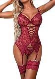 EVELIFE Conjuntos de lencería para mujer, body de encaje sexy con puños de muslo, ropa interior de peluche con liga de muslo, sin medias, rojo vino, XL (50416)