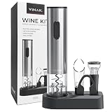 VINAK - Set de vino - WINE KIT - Sacacorchos eléctrico a pilas en acero inoxidable + tapón de vino de vacío + vertedor antigoteo + cortacápsulas | Diseño moderno | Abrebotellas sin esfuerzo