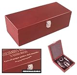 LucaHome - Set de accesorios sommelier con caja de madera para vino personalizada- Incluye sacacorchos, termómetro y anillo de goteo - Ideal para regalo (Caja 3 accesorios personalizada)