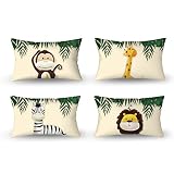 Aoihrraan 30x50cm Juego de 4 Lindo Dibujos Animados Animal Fundas de Cojin Forêt Singe Girafe Floral Plante Beige Cuadrado Corto De Felpa Suave Bebé Funda De Almohada Cabrito Fiesta Sofá Dormitorio