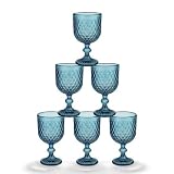 INDE SANTA CLARA | Set 6 Copas de Agua Cristal 350cc Orbel Azul, Copa Vaso Vino de Vidrio Relieve Azul, Aptas Lavavajillas y Microondas