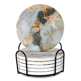 Memeyou Posavasos de cerámica de mármol blanco con soporte, juego de posavasos absorbentes para bebidas al aire libre, redondos, lindos, para mesa de café, taza de café, vino, cerveza, bar, dorado,