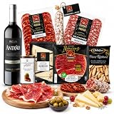 Familycom Cesta Gourmet con Ibéricos Navidul para Regalar - Surtido de Jamón Ibérico, Quesos, Embutidos, Aceitunas, picos, Vino tinto - Regalos originales mujer y hombre