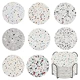Juego de 8 posavasos con soporte, hermosos posavasos de cerámica redondos absorbentes de estilo mármol con base de corcho para mesa de café, taza, cerveza, botella de copa de vino, hogar y bar