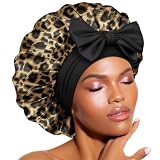 BONNET QUEEN Estampado Leopardo Gorro de Seda para Dormir, Gorro Satén para Dormir Pelo Rizado con Lazos Largos Ajustables, Silk Bonnet para Mujer y Hombre, Antifrizz, M, Leopardo