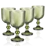 Joeyan 350ml Copas de Vino Tinto de Verde con Geométrico Relieve,Set de 4 | Vintage Copas,Retro Vasos agua Vidrio,Vajillas de Colores,Cristaleria para Fiestas,Bodas,Cenas Diarias,Apto para lavavajillas