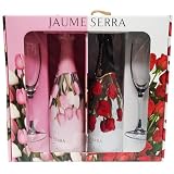 Estuche cava para regalar con copas, 2 botellas de cava Jaume Serra 1 brute y uno rosado y 2 copas de cristal en estuche regalo diseño floreado.