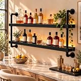 Estante para Vinos de Pared con Luz LED,2 Niveles,negro: 60CM | Estantería Industrial de Madera Metal, Mueble Bar Montaje en Pared para Botellas Copas,deal para Bar, Cocina o Restaurante
