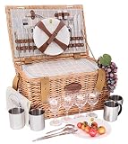 Les Jardins de la Comtesse – Cesta Picnic de Mimbre Concorde – 4 Personas/Nevera isotérmica/Platos/Copas de Vino/Tazas de Metal – Tejido Color Blanco y Gris – 47 x 31 x 24 cm
