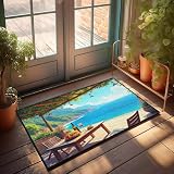 FZFN Una terraza serena con vistas al océano con un juego de mesa para vino y fruta. Alfombra frontal | Alfombra absorbente de agua para la fatiga de la cocina (40 x 60 cm)