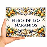 Placa de Cerámica Personalizada para Casa, Diseño Andaluz de Naranjas, Placa para Villa y Finca Española, Dirección de Casa, Decoración Mediterránea